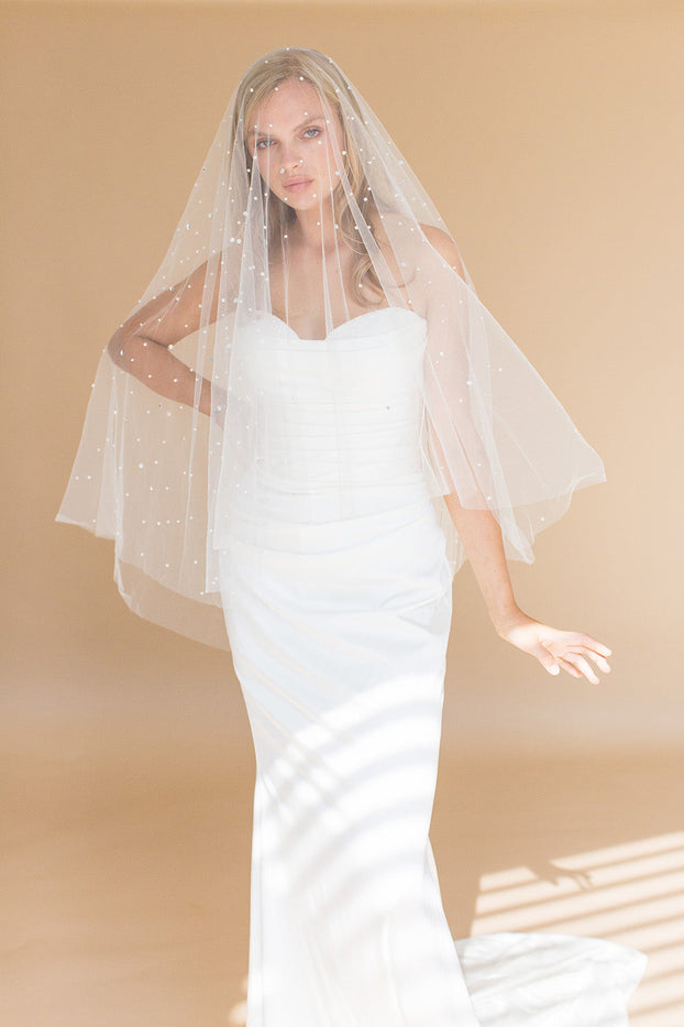 OONA FINGERTIP VEIL WITH BLUSHER & CASCADING RAINDROP PEARLS & CRYSTALS