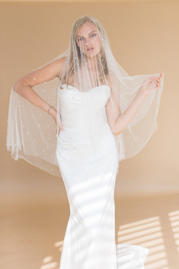 Brides & Hairpins LULEE Fingertip Veil with Blusher & Cascading Raindrop Pearls Retail