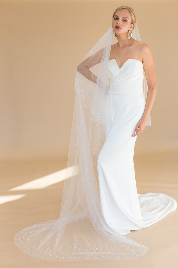 KALONICE CHAPEL VEIL WITH BLUSHER EDGED WITH SCATTERED PEARLS & CRYSTALS