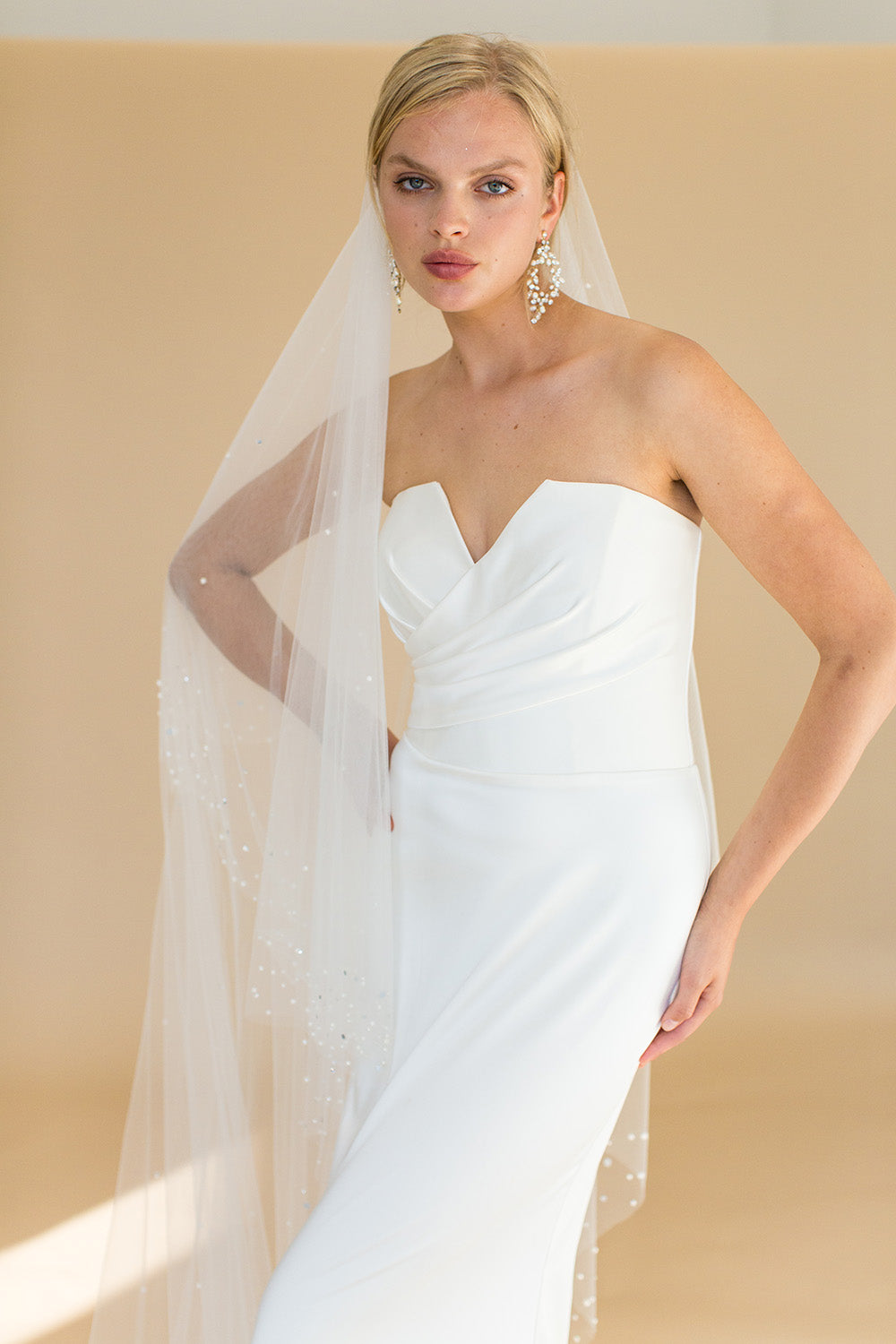 KALONICE CHAPEL VEIL WITH BLUSHER EDGED WITH SCATTERED PEARLS & CRYSTALS