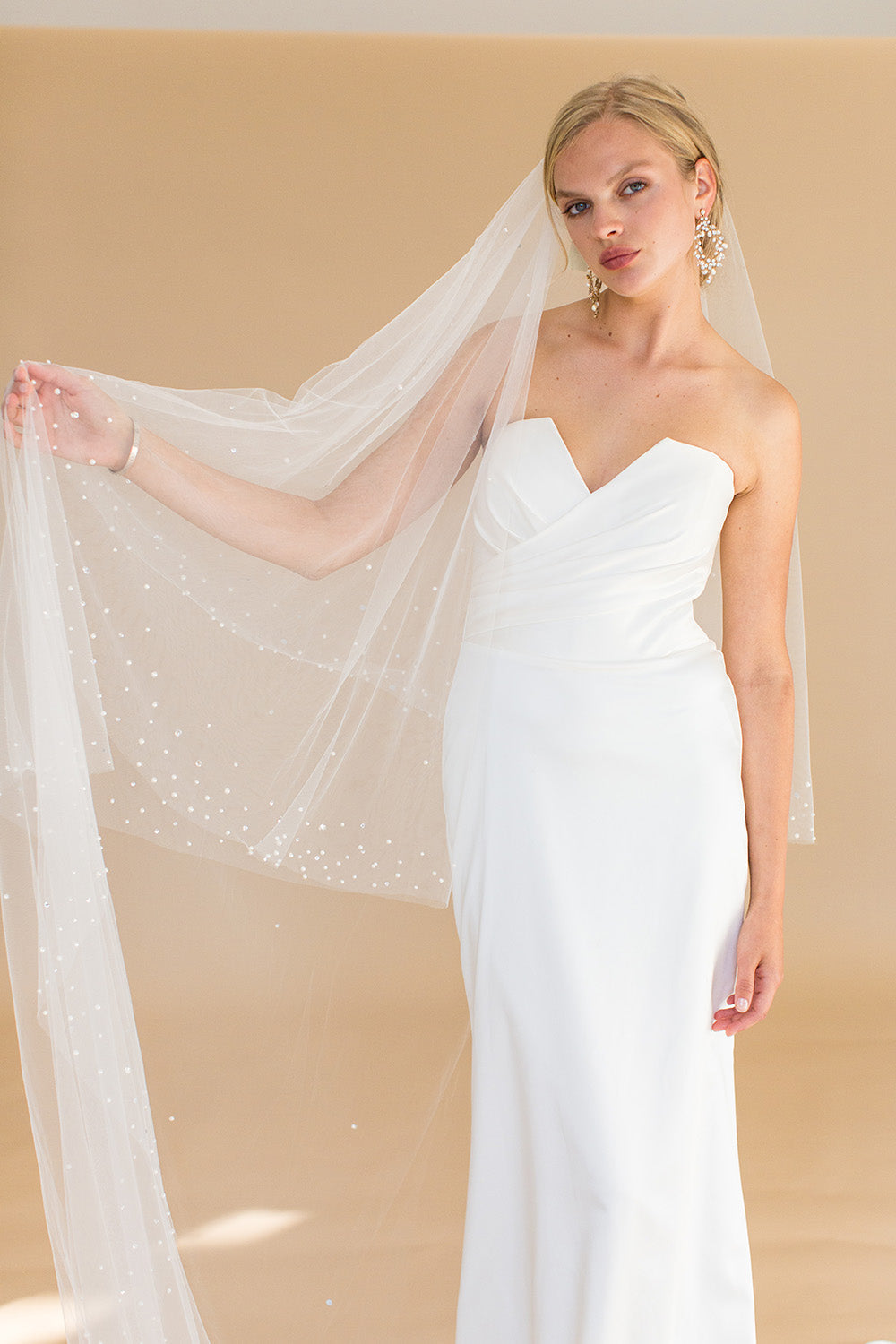 KALONICE CHAPEL VEIL WITH BLUSHER EDGED WITH SCATTERED PEARLS & CRYSTALS