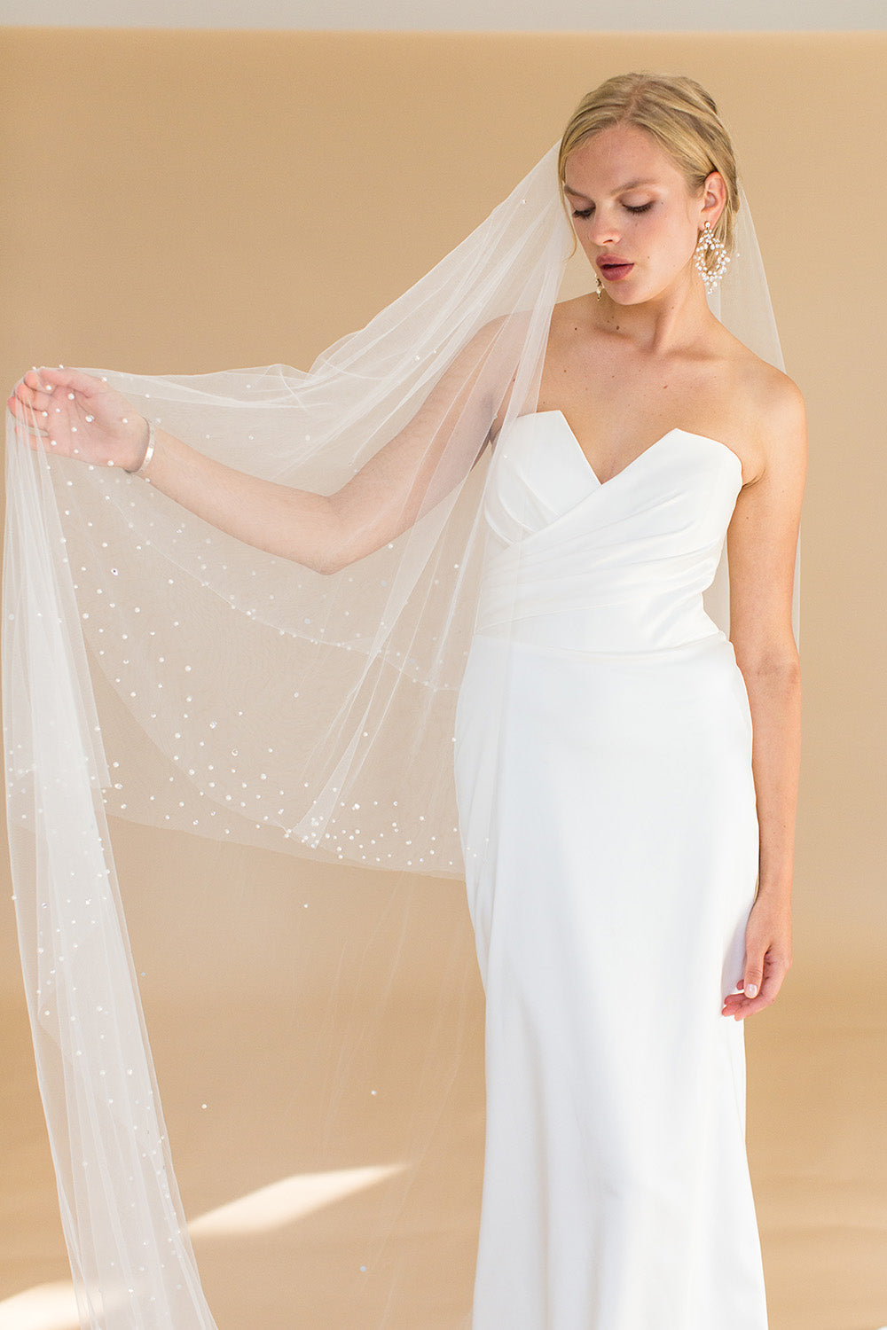 KALONICE CHAPEL VEIL WITH BLUSHER EDGED WITH SCATTERED PEARLS & CRYSTALS