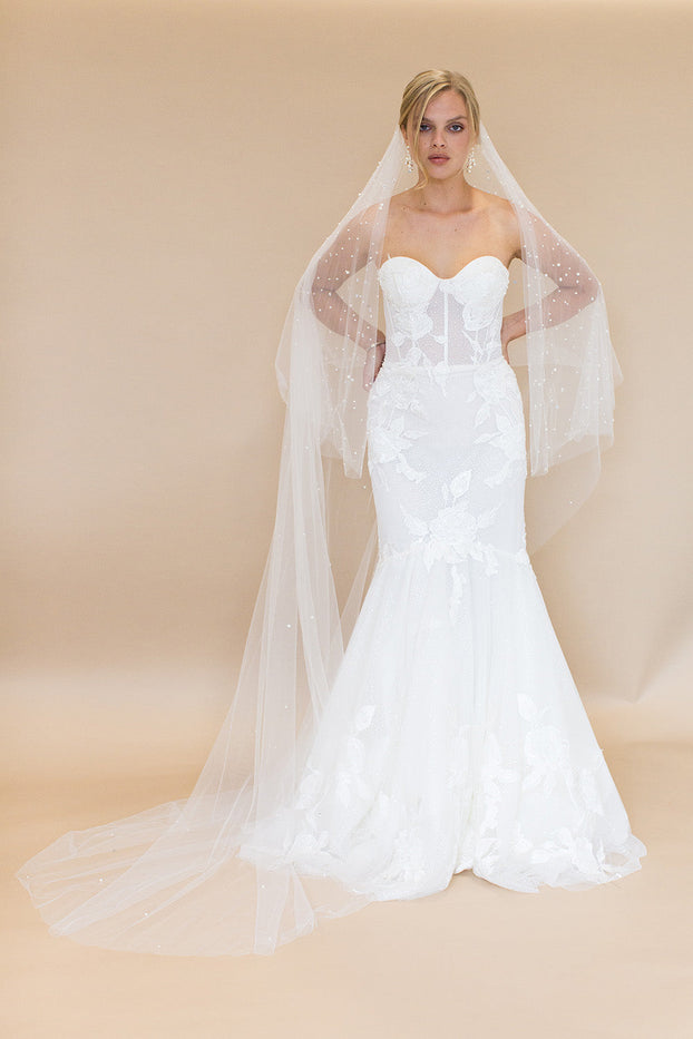 Brides & Hairpins LULEE Fingertip Veil with Blusher & Cascading Raindrop Pearls Retail