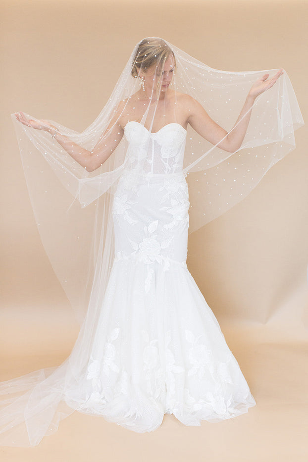 LAYANA CATHEDRAL VEIL WITH BLUSHER & CASCADING RAINDROP PEARLS & CRYSTALS