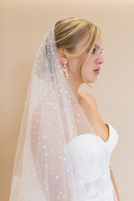 LAYANA CATHEDRAL VEIL WITH BLUSHER & CASCADING RAINDROP PEARLS & CRYSTALS