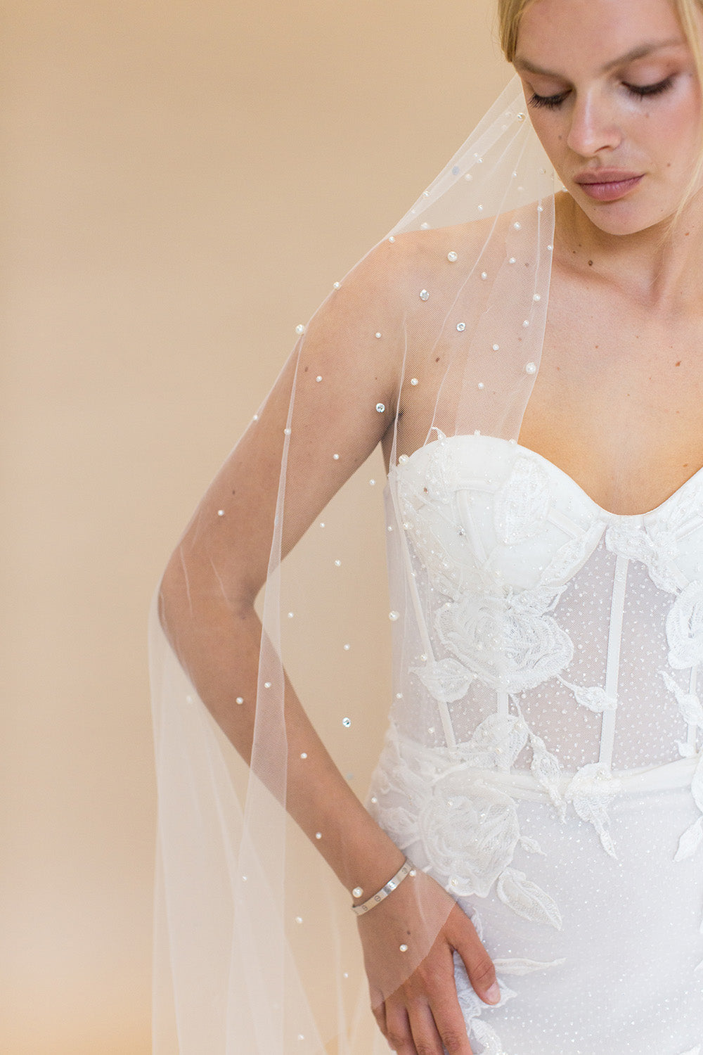 NOVALIE CHAPEL VEIL WITH CASCADING RAINDROP PEARLS & CRYSTALS