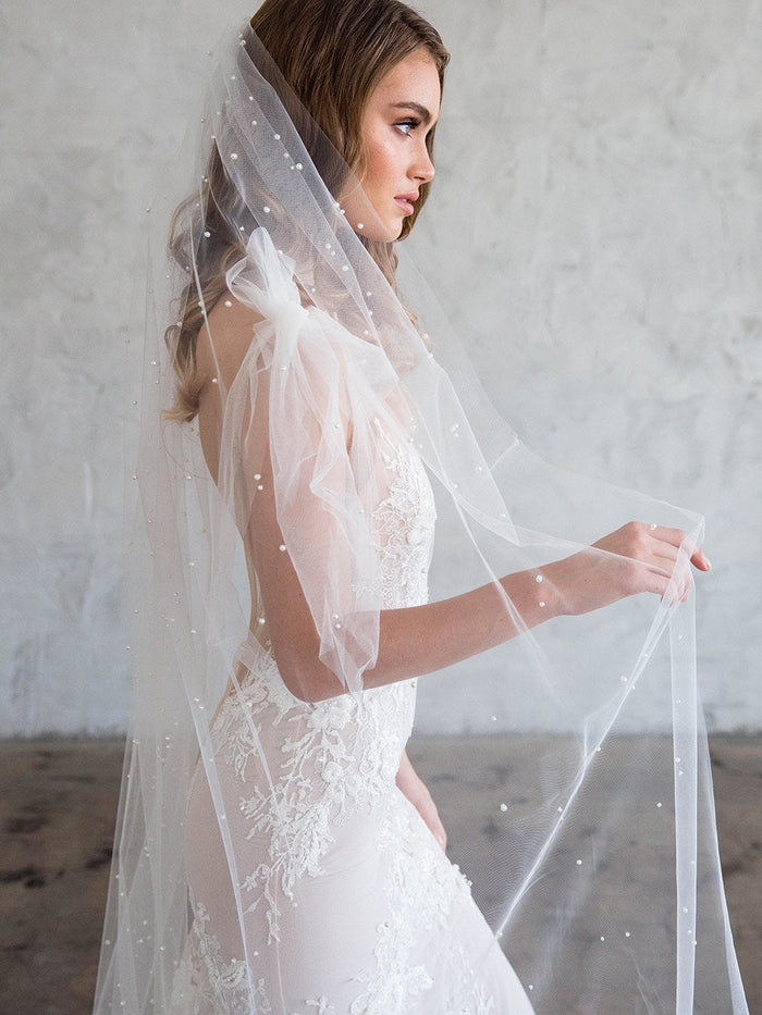 One Blushing Bride Pearl Cathedral Length Wedding Veil with Scattered Beading Off White/ Diamond / 2 Layer Veil